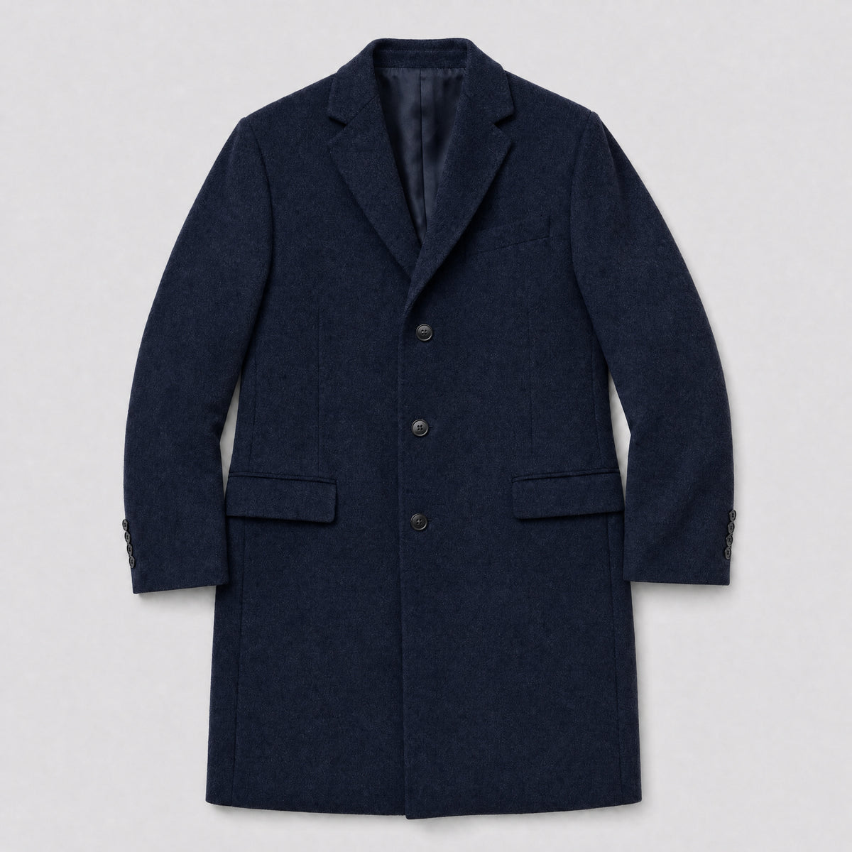 The Broker Men's Tailored Overcoat in Midnight Navy, flat lay