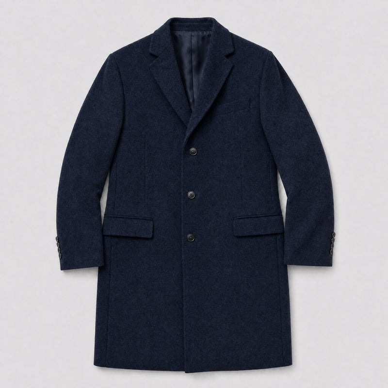 The Broker Men's Tailored Overcoat in Midnight Navy, flat lay