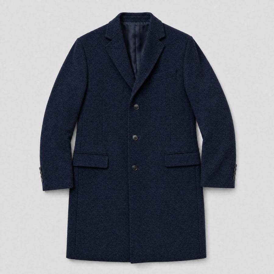 The Broker Men's Tailored Overcoat in Midnight Navy, flat lay