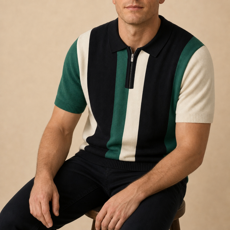Caceres Striped Knit Zip Polo in Black & Green