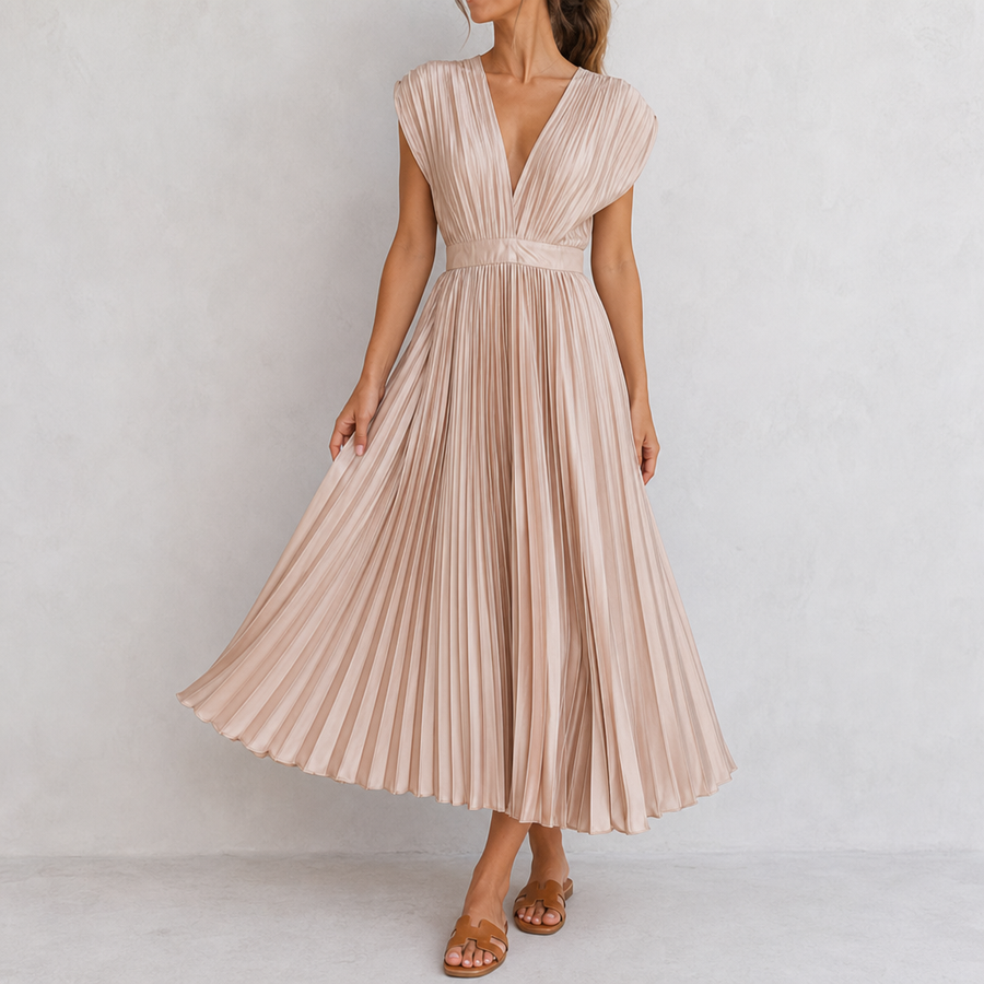 Calpe Pleated V-Neck Midi Dress in Champagne