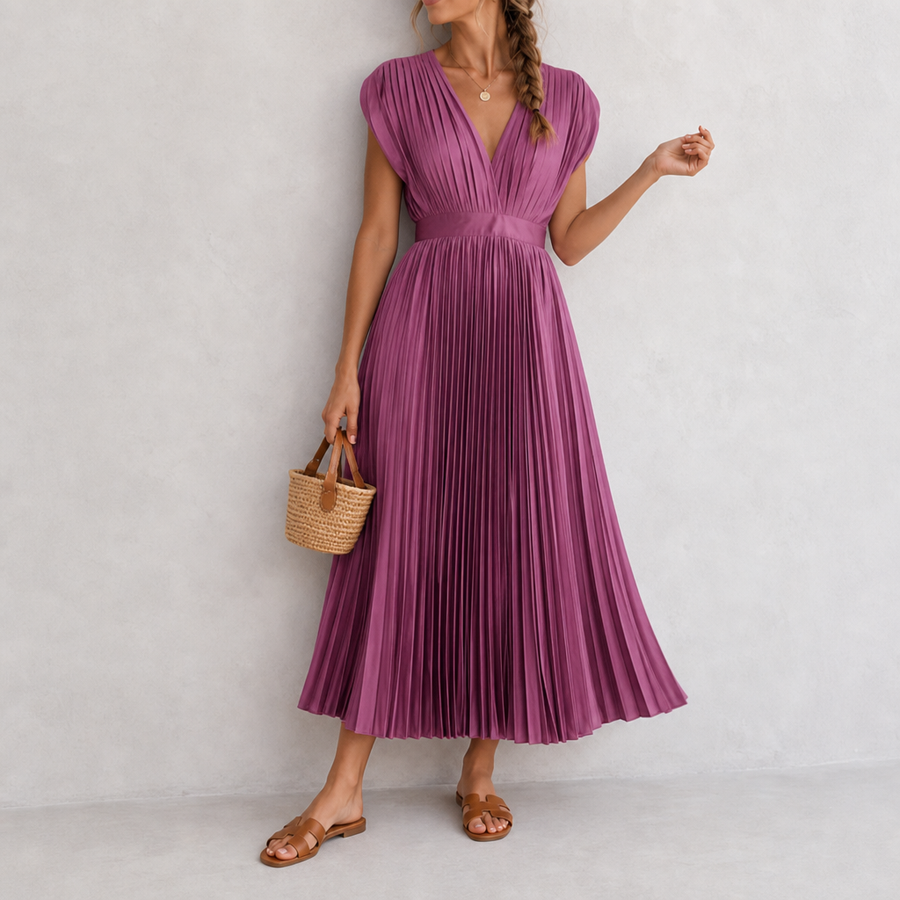 Calpe Pleated V-Neck Midi Dress in Plum