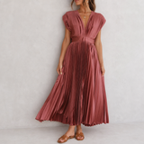 Calpe Pleated V-Neck Midi Dress in Roségold