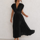 Calpe Pleated V-Neck Midi Dress in Black