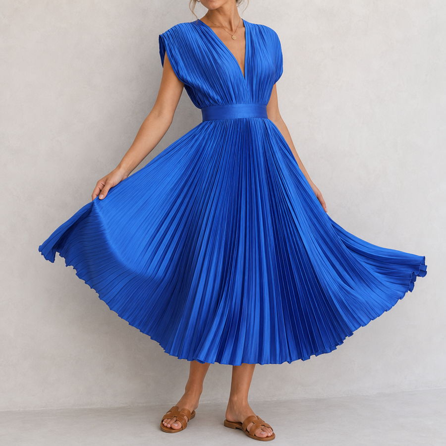 Calpe Pleated V-Neck Midi Dress in Blue