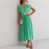 Calpe Pleated V-Neck Midi Dress in Green