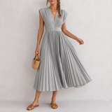 Calpe Pleated V-Neck Midi Dress in Silver