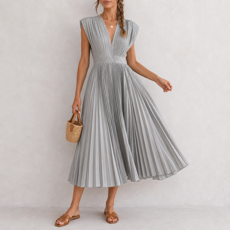 Calpe Pleated V-Neck Midi Dress in Silver