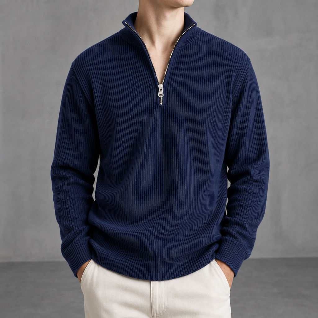 Calvi Ribbed Quarter-Zip Sweater in Navy