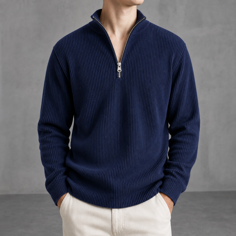 Calvi Ribbed Quarter-Zip Sweater in Navy