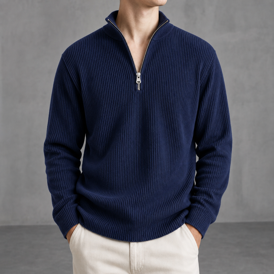Calvi Ribbed Quarter-Zip Sweater in Navy