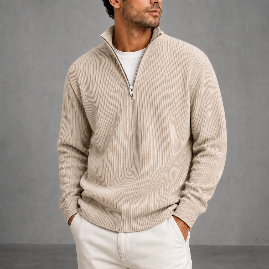 Calvi Ribbed Quarter-Zip Sweater in Cream