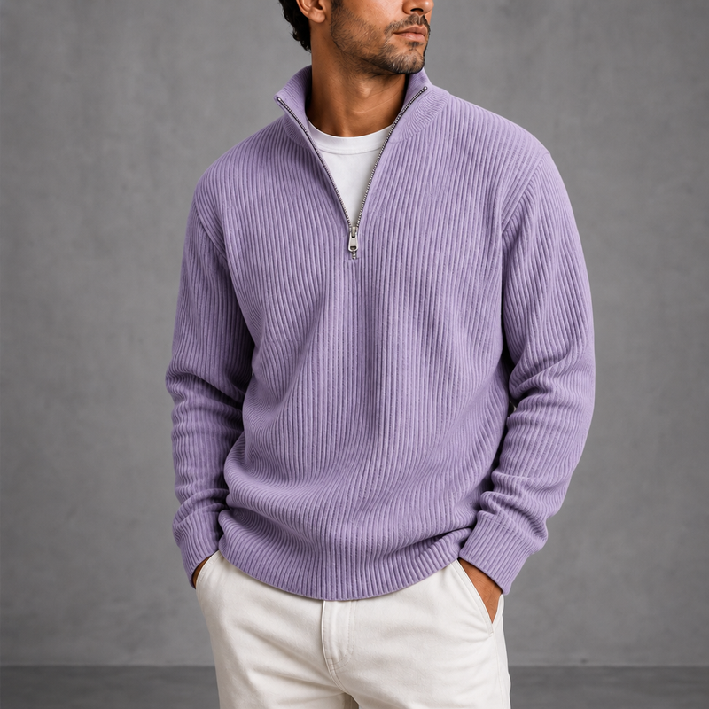 Calvi Ribbed Quarter-Zip Sweater in Purple