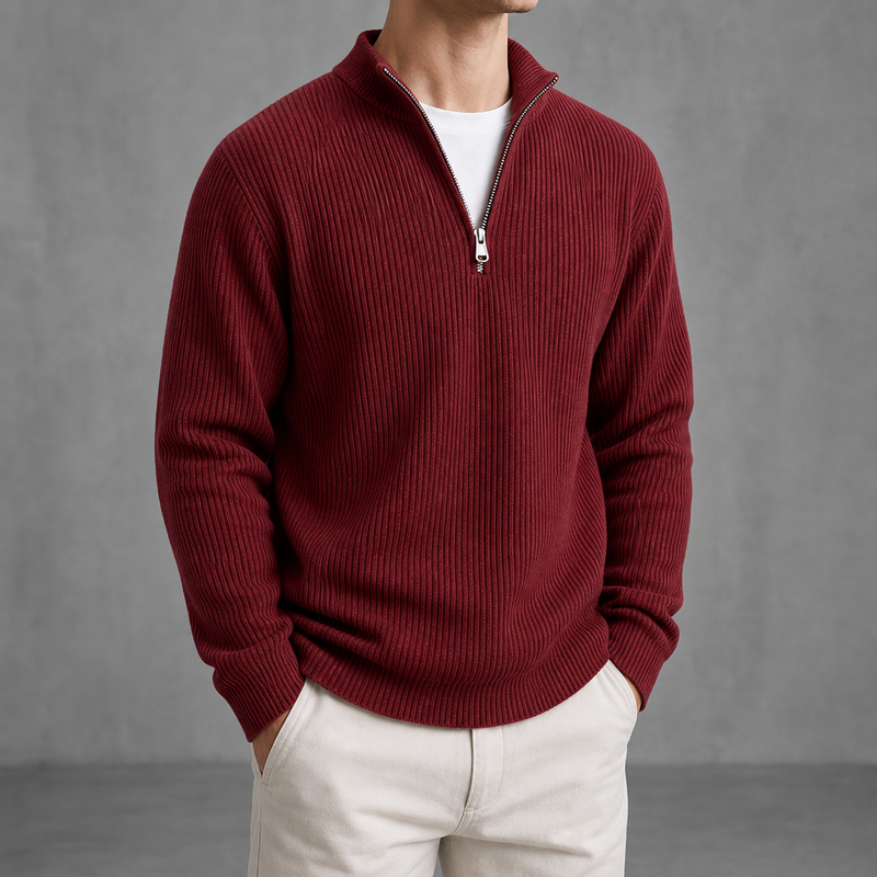 Calvi Ribbed Quarter-Zip Sweater in Red