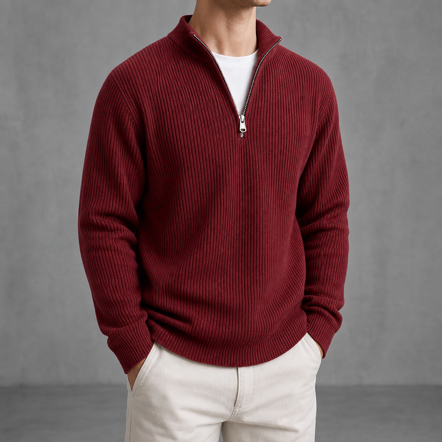 Calvi Ribbed Quarter-Zip Sweater in Red