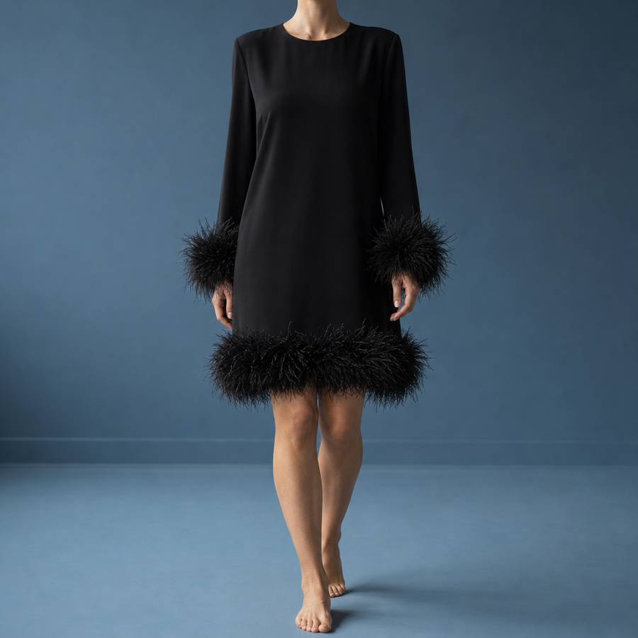 Camogli Feather Trim Mini Dress in Black
