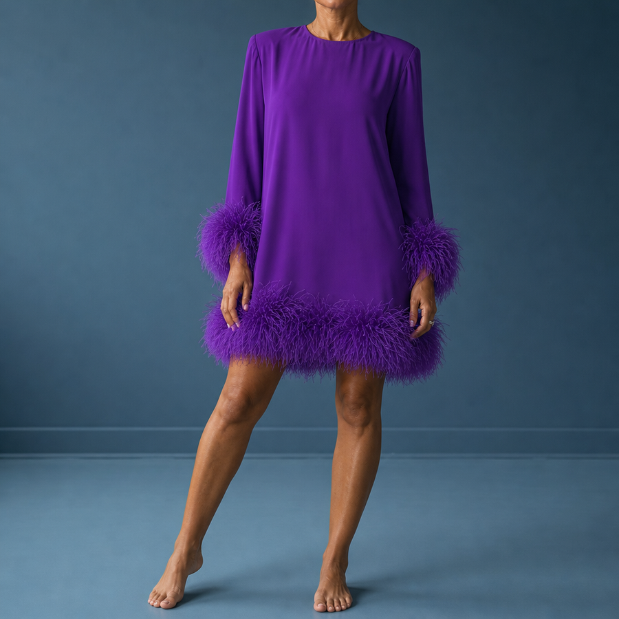 Camogli Feather Trim Mini Dress in Purple