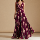 Carcassonne Tulip Floral Chiffon Maxi in Wine