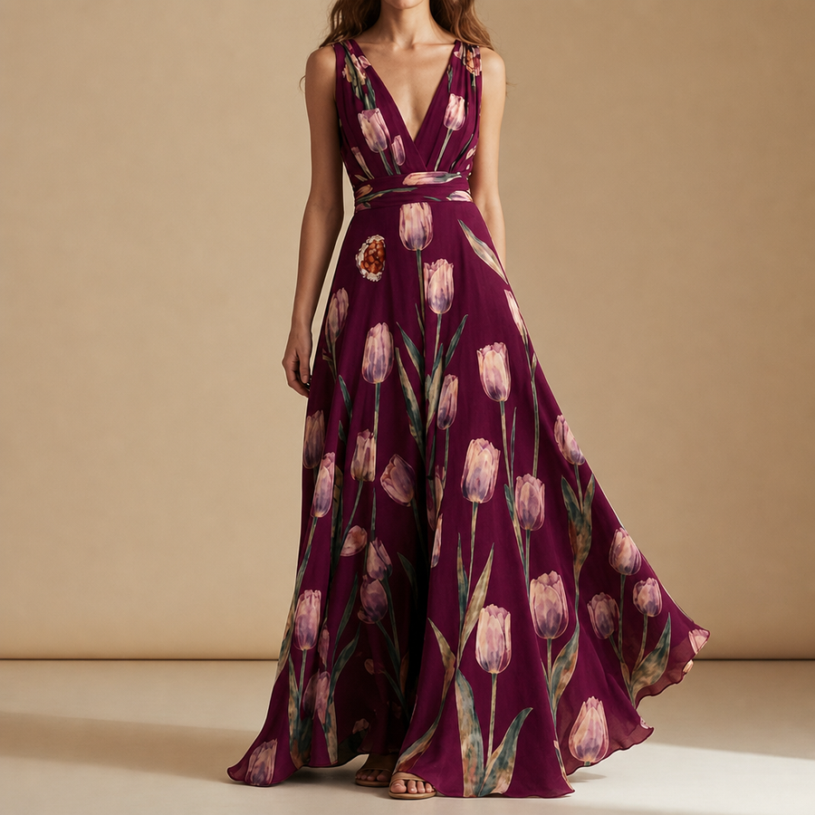 Carcassonne Tulip Floral Chiffon Maxi in Wine