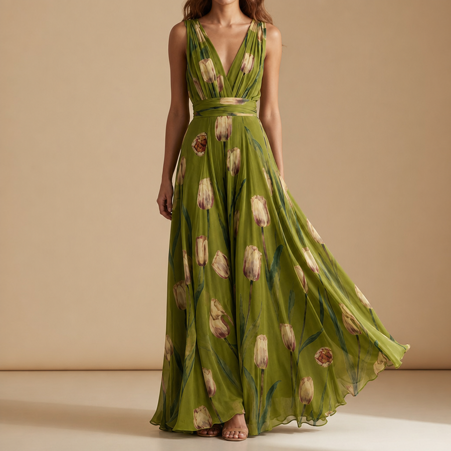 Carcassonne Tulip Floral Chiffon Maxi in Olive
