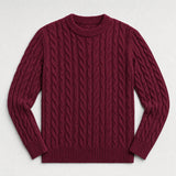 The Cartographer Men's Cable-Knit Crewneck Sweater in Burgundy, flat lay