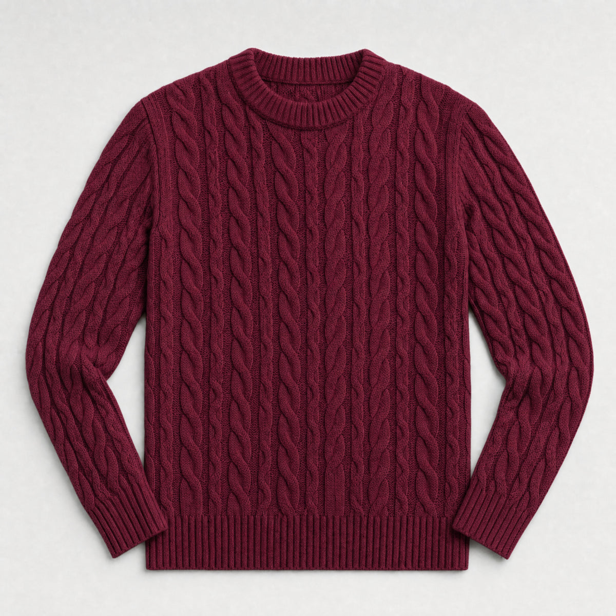The Cartographer Men's Cable-Knit Crewneck Sweater in Burgundy, flat lay