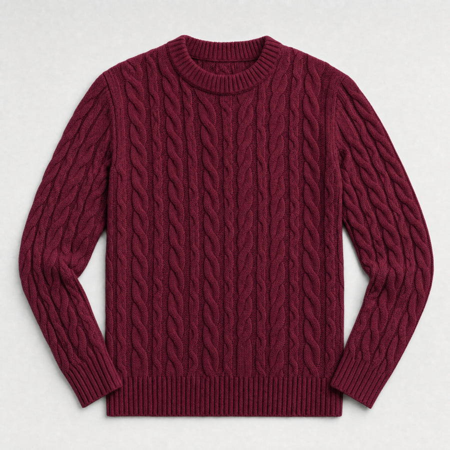 The Cartographer Men's Cable-Knit Crewneck Sweater in Burgundy, flat lay