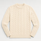 The Cartographer Men's Cable-Knit Crewneck Sweater in Cream, flat lay