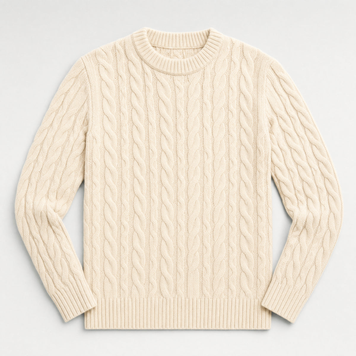 The Cartographer Men's Cable-Knit Crewneck Sweater in Cream, flat lay