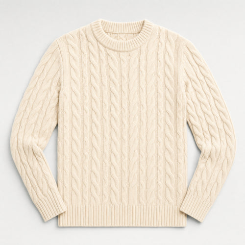 The Cartographer Men's Cable-Knit Crewneck Sweater in Cream, flat lay