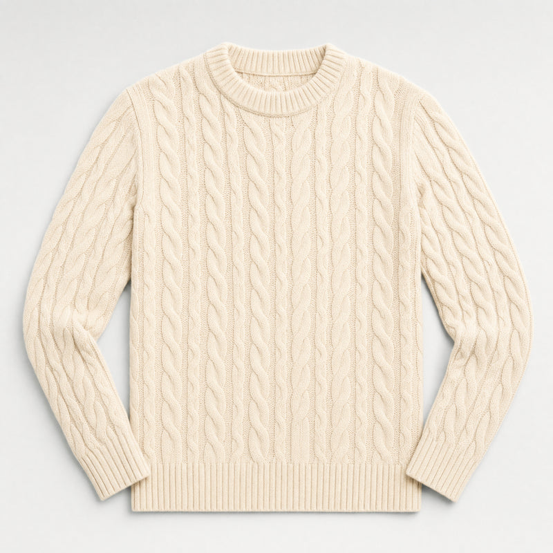 The Cartographer Men's Cable-Knit Crewneck Sweater in Cream, flat lay