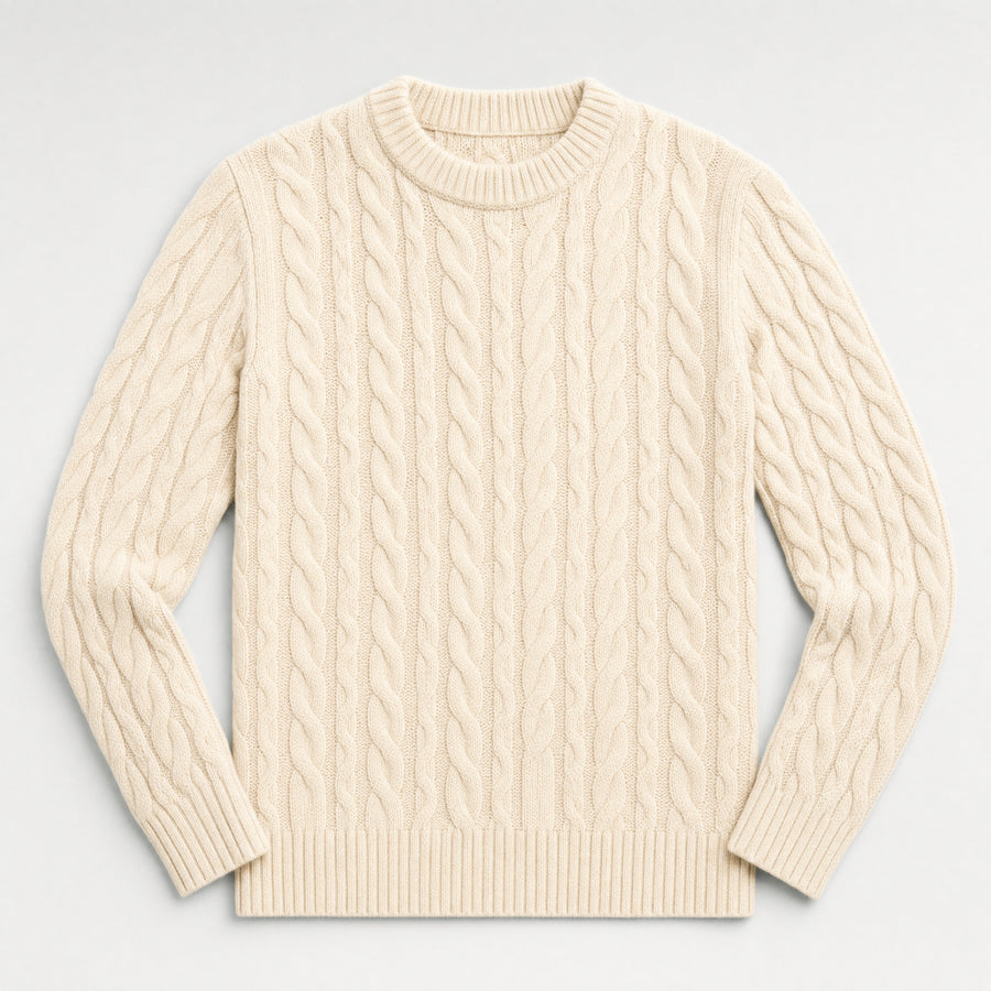 The Cartographer Men's Cable-Knit Crewneck Sweater in Cream, flat lay