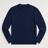 The Cartographer Men's Cable-Knit Crewneck Sweater in Navy Blue, flat lay