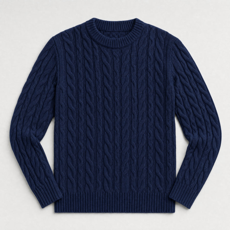 The Cartographer Men's Cable-Knit Crewneck Sweater in Navy Blue, flat lay