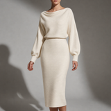 Cascais Draped Knit Midi Dress in Beige