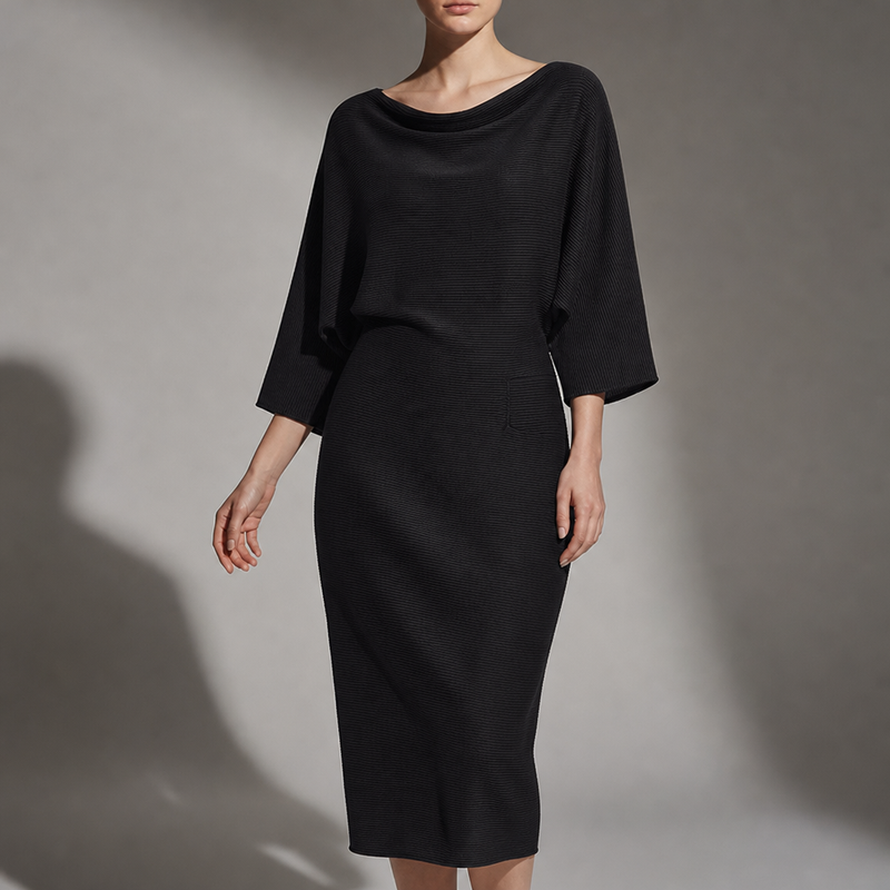 Cascais Draped Knit Midi Dress in Black