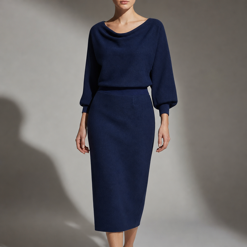Cascais Draped Knit Midi Dress in Navy Blue