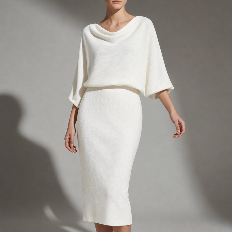Cascais Draped Knit Midi Dress in White