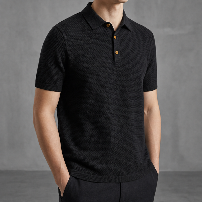 Cavtat Textured Short-Sleeve Polo in Black