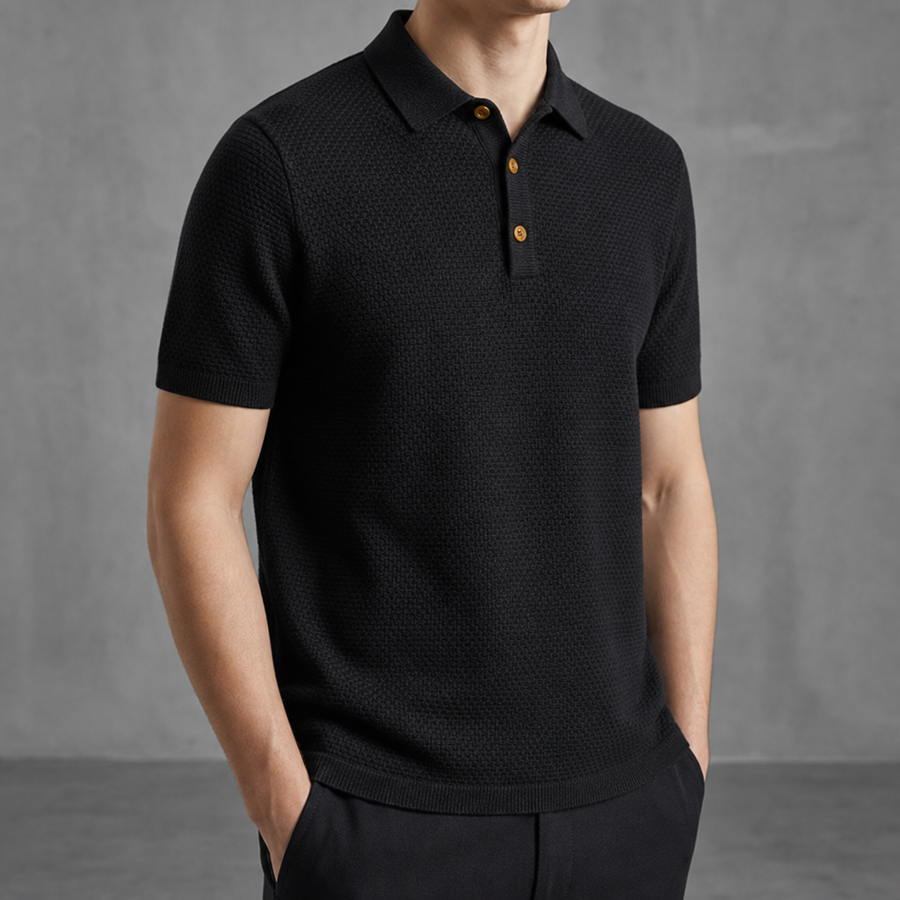 Cavtat Textured Short-Sleeve Polo in Black