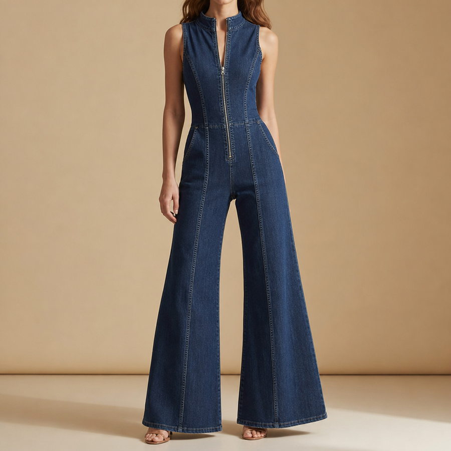 Cavtat Zip Front Denim Jumpsuit in Dark Blue