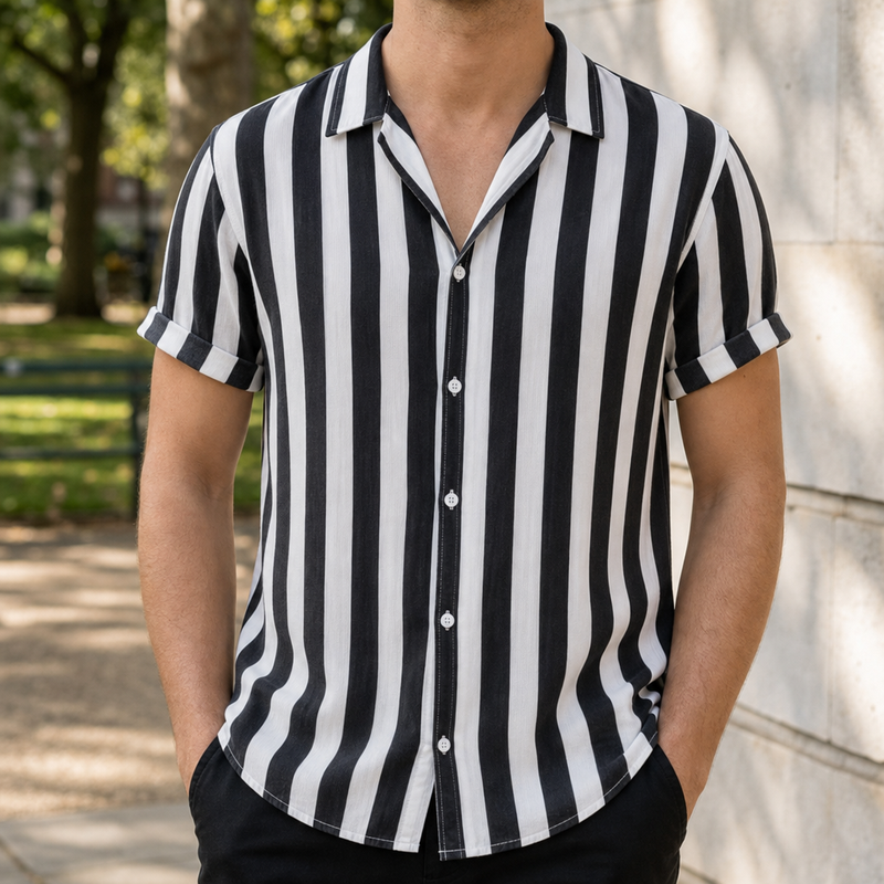 Cefalu Striped Button-Up Shirt in Black