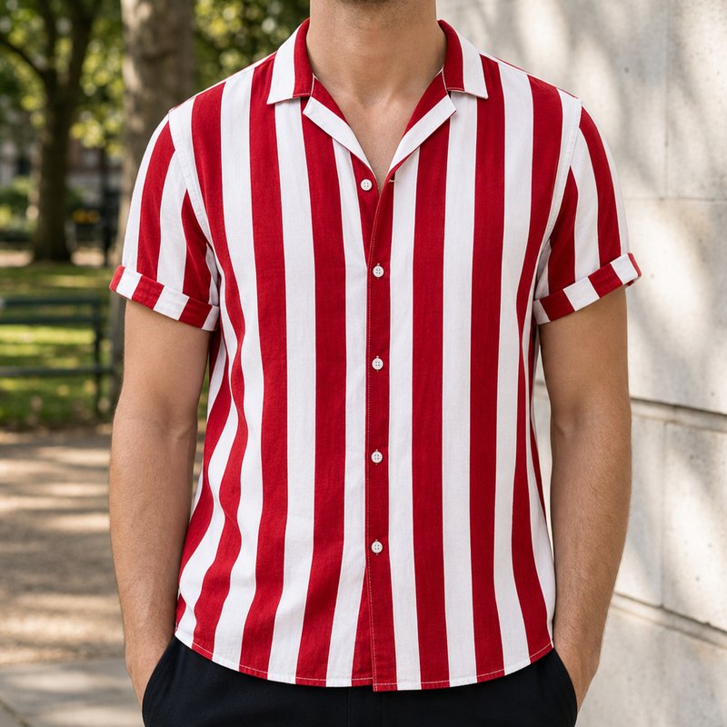 Cefalu Striped Button-Up Shirt in Red