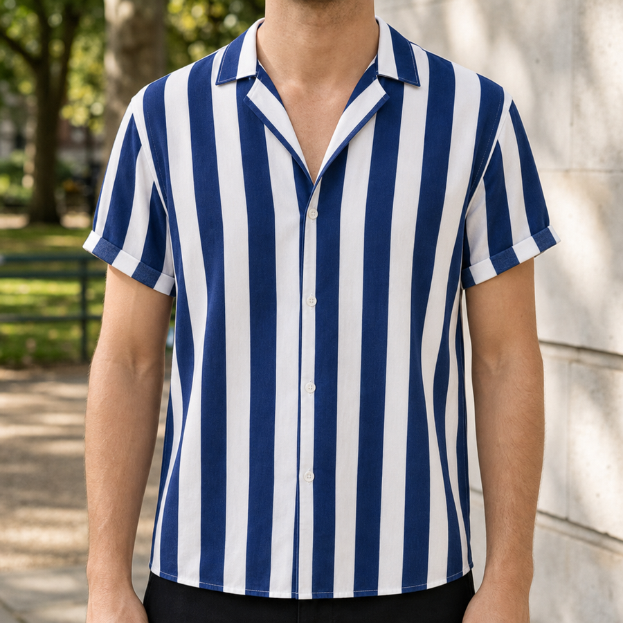Cefalu Striped Button-Up Shirt in Navy Blue