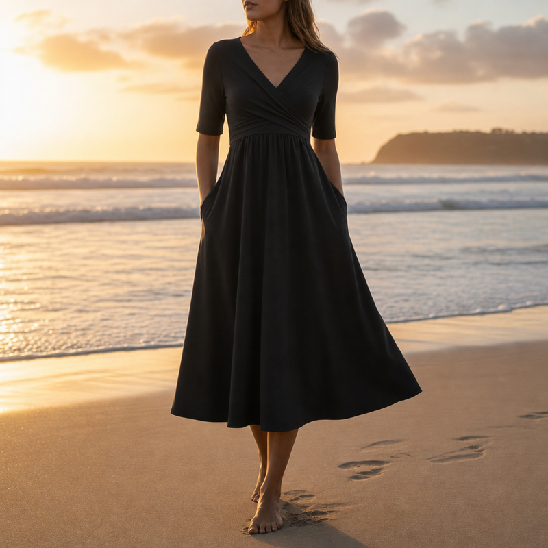 Cefalu Wrap V-Neck Midi Dress in Black (Almost Sold Out)
