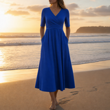Cefalu Wrap V-Neck Midi Dress in Blue