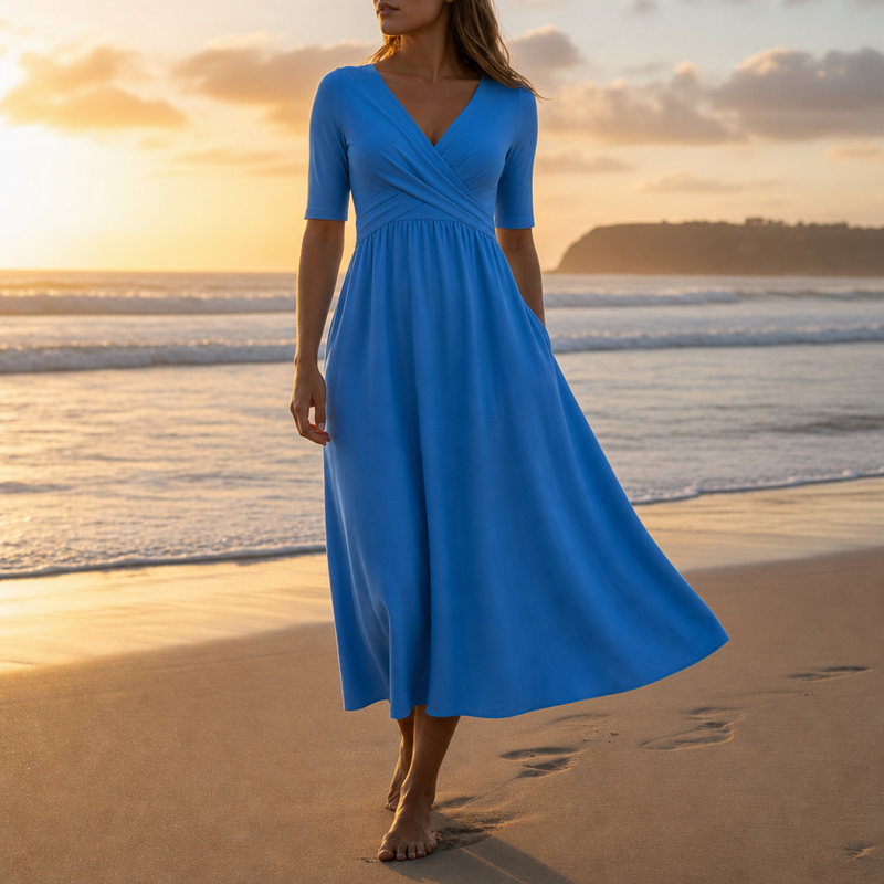 Cefalu Wrap V-Neck Midi Dress in Light blue