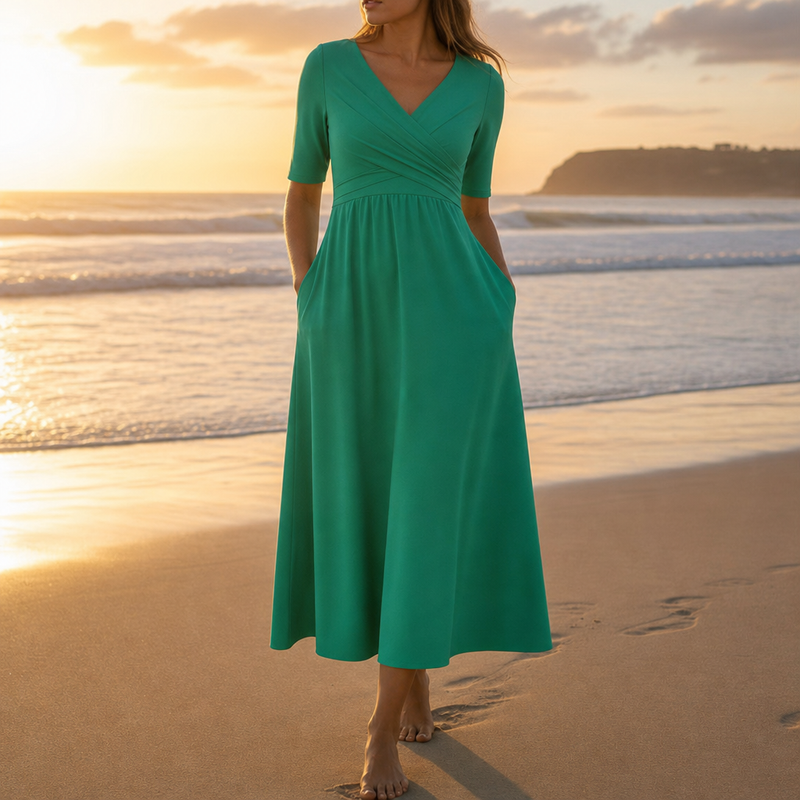 Cefalu Wrap V-Neck Midi Dress in Green
