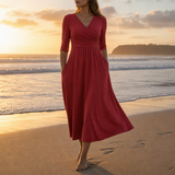Cefalu Wrap V-Neck Midi Dress in Red