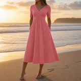 Cefalu Wrap V-Neck Midi Dress in Pink